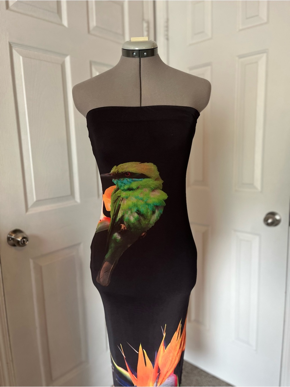 Desigual Tropical Bird Print Strapless Mesh Midi Dress, Black, Size S - Picture 5 of 5